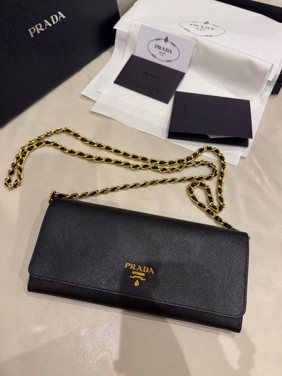 Prada Handbags - [Authentic] Prada Black Saffiano Leather Wallet on Chain with Gold Hardware